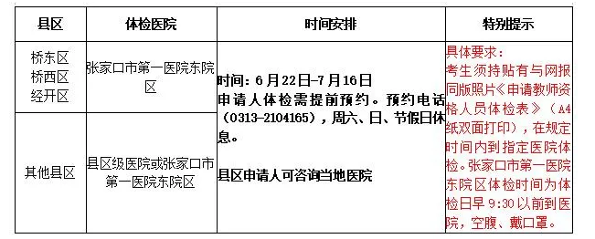 张家口市2020年上半年教师资格认定体检医院及时间安排